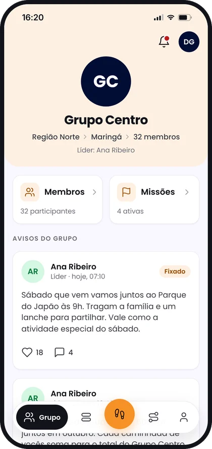 Tela do grupo no protótipo Caminhando com Deus