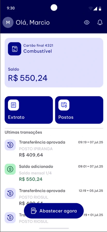 Tela inicial do app ECX com saldo e transações