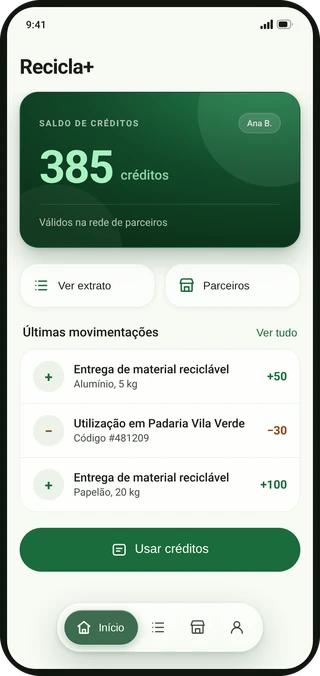 Tela de saldo de créditos no protótipo Recicla+