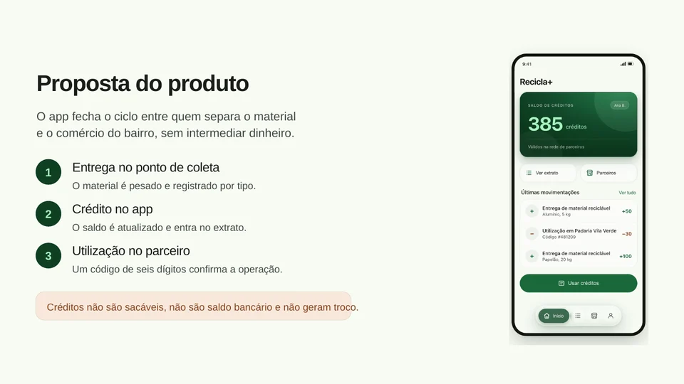 Slide de proposta do produto da apresentação do Recicla+